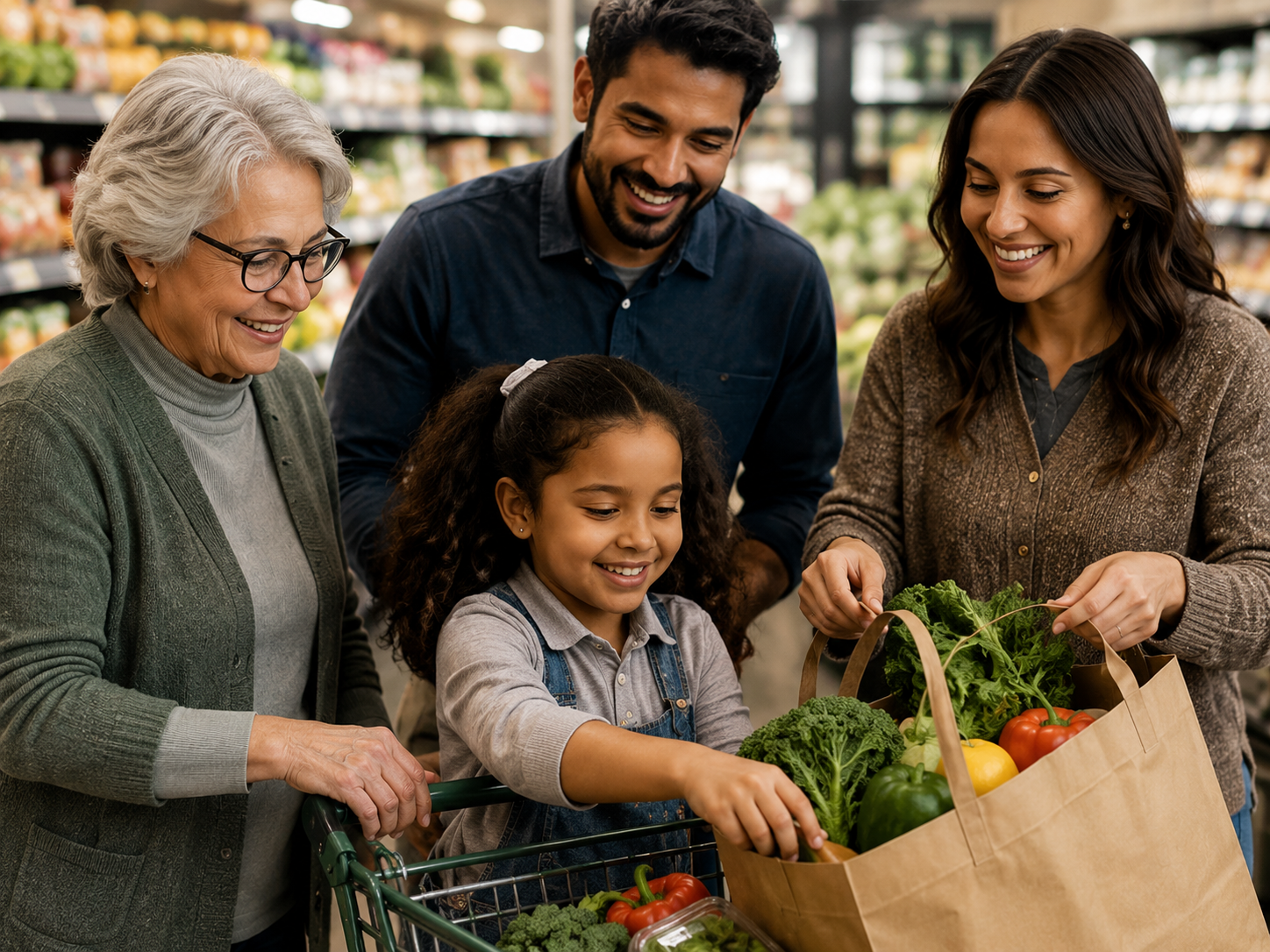 Family shopping for groceries together in a grocery store.